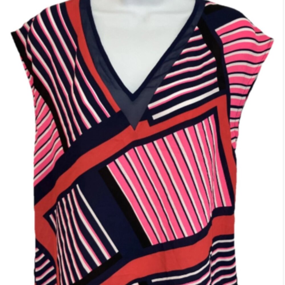 Express Small Multicolor Short Cap Sleeve V Neck & Back shift polyester Blouse